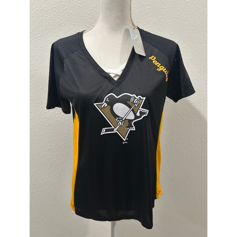 NHL Pittsburgh Penguins Womens Black Gold Lace Up V-Neck Jersey Shirt Medium NEW
